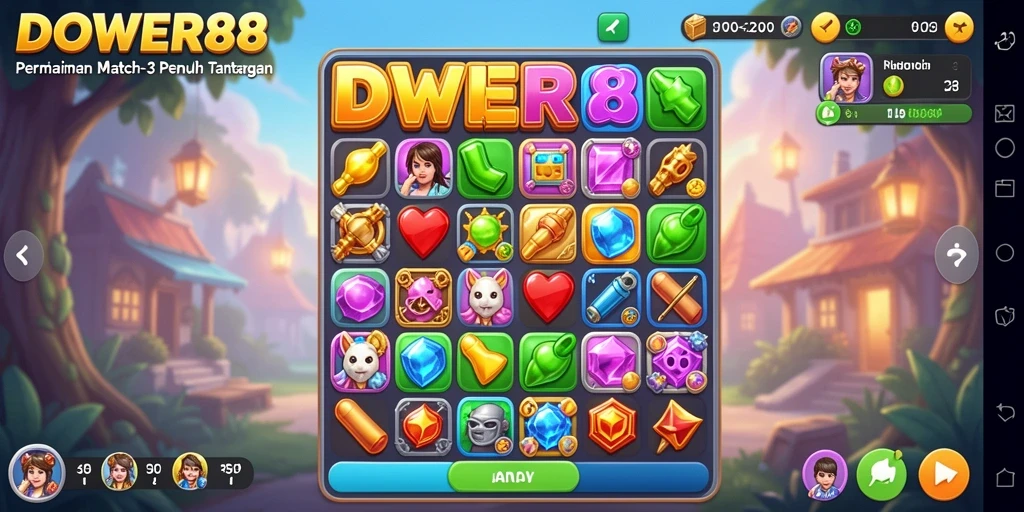 Tangkapan layar DOWER88 menunjukkan gameplay Match-3 yang seru dan penuh warna.